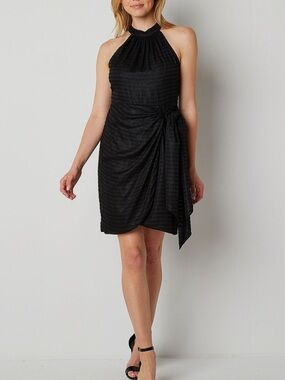 MelonieT Black High Neck Tie-Waist Black Textured Formal Dress 14